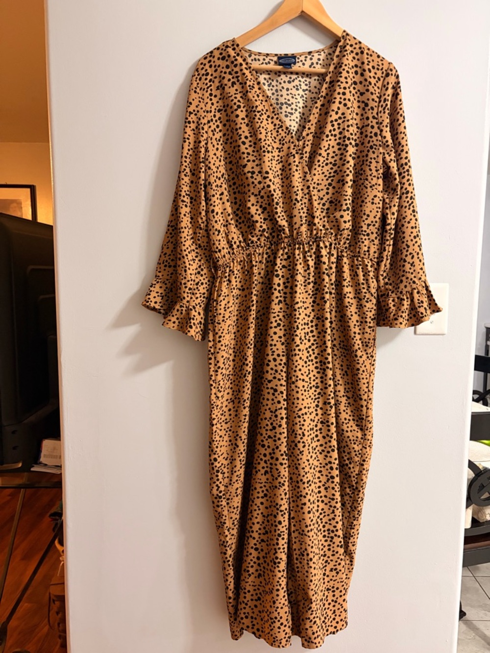 Women's Tan Polka Dot V-Neck Jumpsuit with Ruffle Sleeves